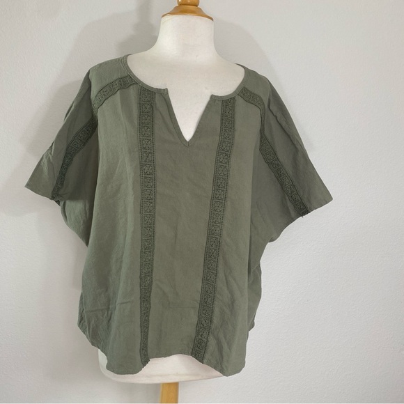 3/$25 Shein Curve Olive Green 100% Cotton Crochet Detail Boxy Blouse Top Size 2X - Picture 1 of 14